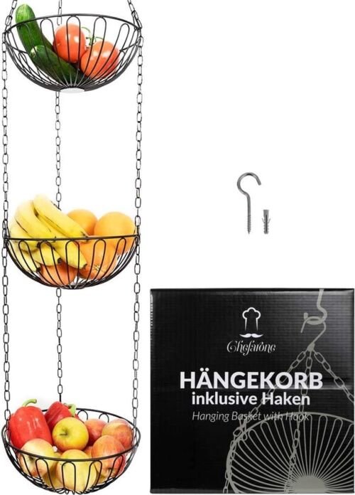 Chefarone Hangende Fruitmand – Fruitschaal – Keukenhanger – Fruithangmand – 130 CM – 3 Manden - Zwart