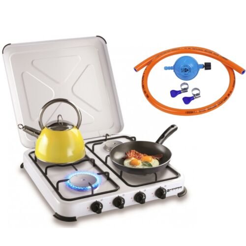 Kemper | Gaskooktoestel Set / Campingkookset met 4 Kookzones - Incl. installatiesetje