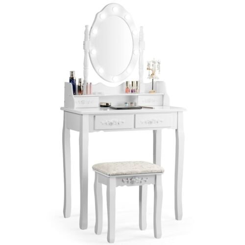 Coast Klassieke Kaptafel met Krukje - LED Lampen - Make up Tafel - 75 x 40 x 146cm  - Wit