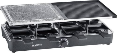Severin Gourmetstel 2376 - 8 Pannen - Zwart - 1300W -  Raclette met natuurgrillsteen en grillplaat