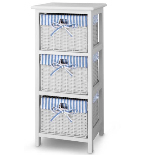 Casaria Mandenrek van paulowniahout + 3 manden en decoratieve stoffen inzetstukken Blauw Wit
