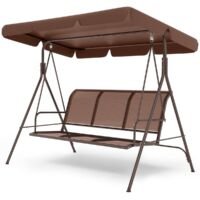 LifeGoods Schommelbank - 3-zits - tot 250KG - Kantelbaar Dak - UV-bestendig Zonnescherm - 172x104x162cm - Bruin