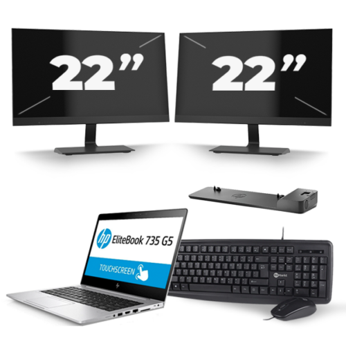 HP EliteBook 735 G5 - AMD Ryzen 3 PRO 2300U - 13 inch - 8GB RAM - 240GB SSD - Windows 10 Home + 2x 22 inch Monitor