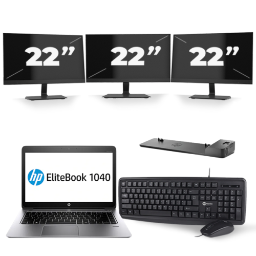 HP EliteBook Folio 1040 G1 - Intel Core i7-4e Generatie - 14 inch - 8GB RAM - 240GB SSD - Windows 10 Home + 3x 22 inch Monitor