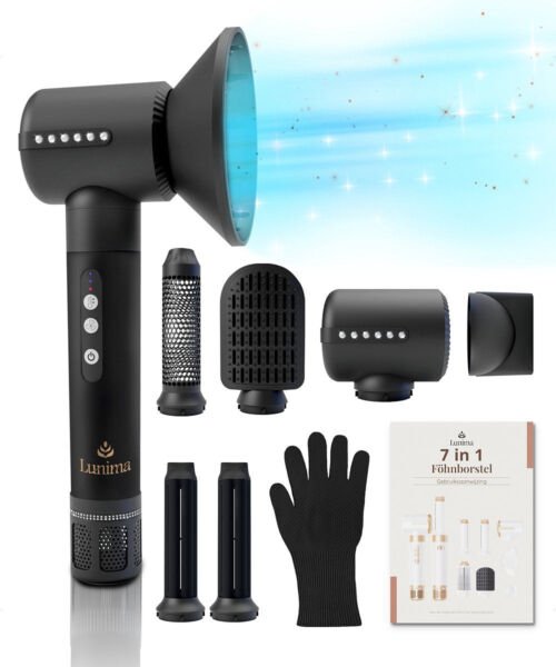 Lunima Hyper Edition Krultang - 7 in 1 Multistyler– Föhnborstel – Krulborstel - Föhn - 7 Opzetstukken – Geschikt voor alle haarsoorten – Haardroger - Zwart