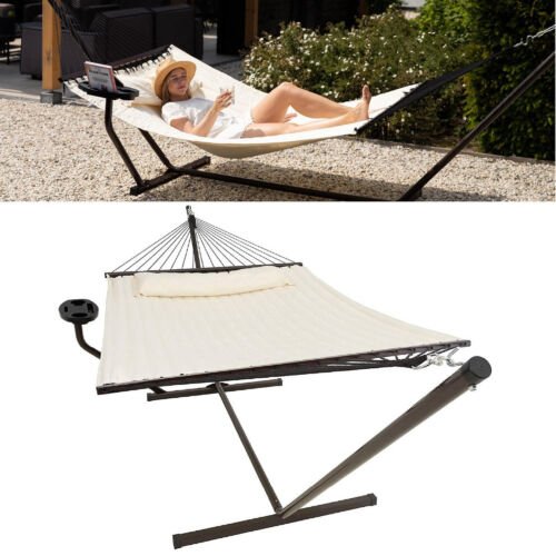 Vita5 Hangmat met Standaard en Spreidstok– 2 Persoons – incl. Bekerhouder - Afneembaar kussen – uv-bestendig – Beige
